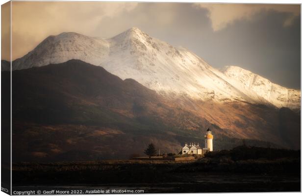 Isleornsay Lighthouse against Snow Capped Mountain Canvas Print by Geoff Moore