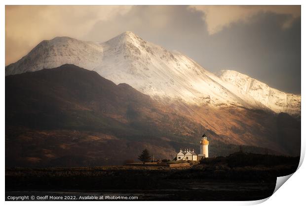 Isleornsay Lighthouse against Snow Capped Mountain Print by Geoff Moore