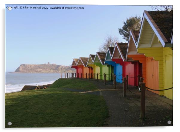 Beach huts at Scarborough , North Yorkshire.  Acrylic by Lilian Marshall