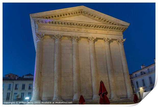 Maison Caree Ancient Roman Temple Night Nimes Gard France Print by William Perry