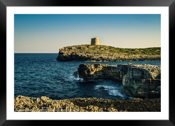 Towers on the coast of Cala Alcaufar on island of Menorca, Balearics, Spain - Europe Framed Mounted Print by Mehul Patel