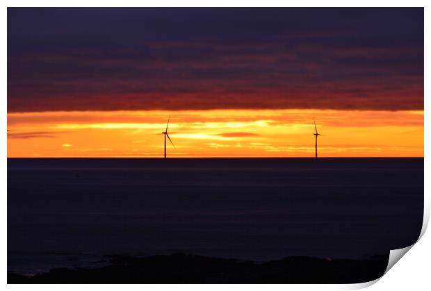 Windmills at dawn in Newbiggin-by-the-Sea Print by Richard Dixon