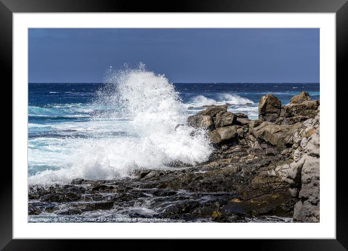 Rough sea and breaking wave at Wave, Punta Pechigu Framed Mounted Print by Michael Shannon