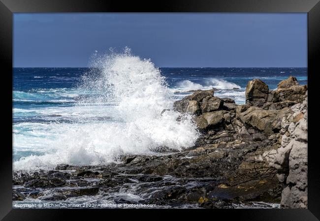 Rough sea and breaking wave at Wave, Punta Pechigu Framed Print by Michael Shannon