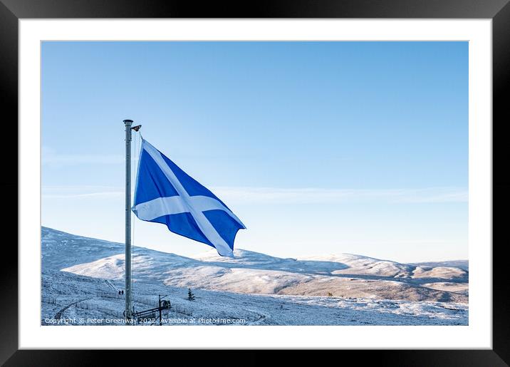 The Scottish Flag Flying In The Cairngorm Ski-Resort In The Scot Framed Mounted Print by Peter Greenway
