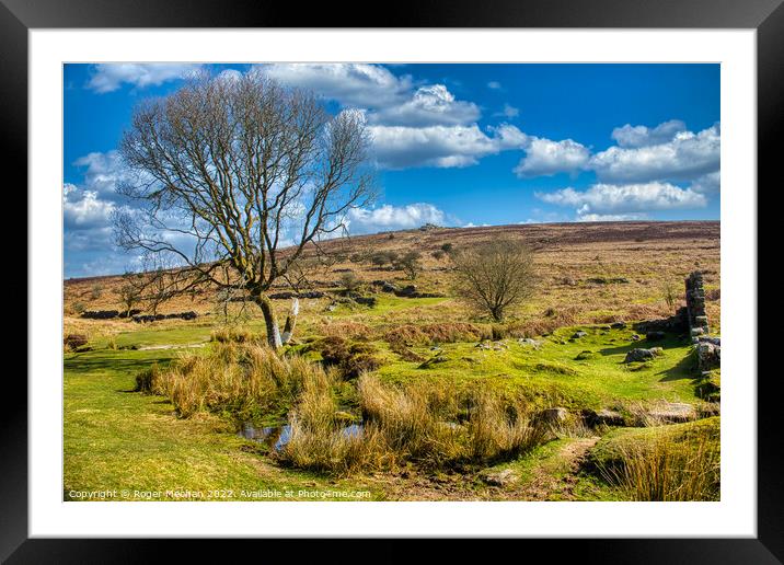 Dartmoor farm, stream and tor in sunny valley Framed Mounted Print by Roger Mechan