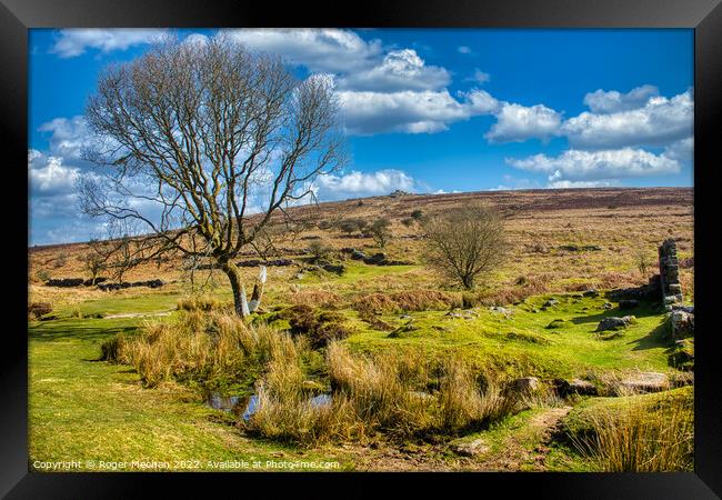Dartmoor farm, stream and tor in sunny valley Framed Print by Roger Mechan