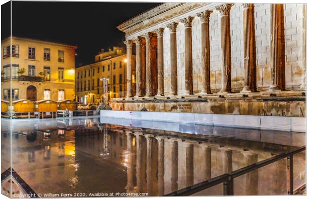 Ice Skating Rink Maison Caree Roman Temple Night Nimes France Canvas Print by William Perry