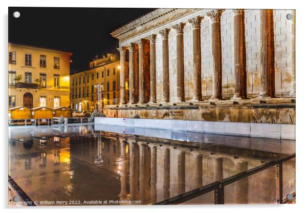 Ice Skating Rink Maison Caree Roman Temple Night Nimes France Acrylic by William Perry
