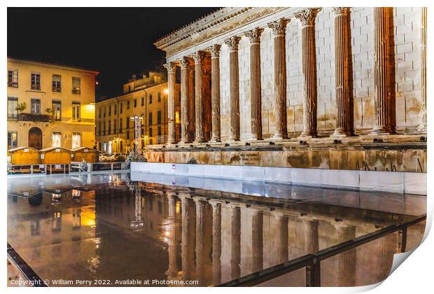 Ice Skating Rink Maison Caree Roman Temple Night Nimes France Print by William Perry
