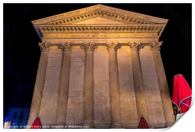 Maison Caree Ancient Roman Temple Night Nimes Gard France Print by William Perry