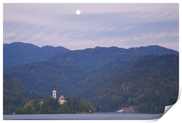 Moon setting at sunrise Lake Bled Print by Ian Middleton