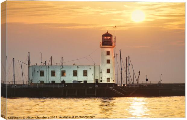 Scarborough Lighthouse Sunrise , North Yorkshire C Canvas Print by Alison Chambers