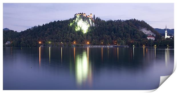 Lake Bled castle at dawn Print by Ian Middleton