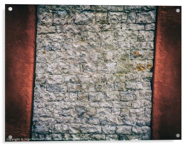 Crooked and abstract old brick wall between red concrete Acrylic by Ingo Menhard