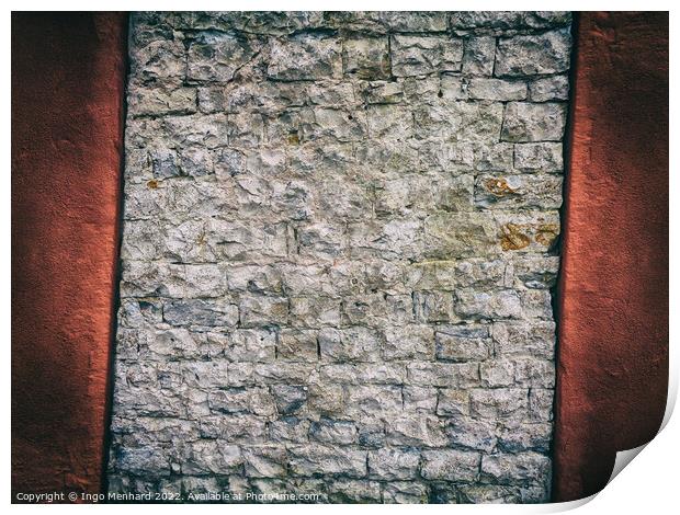 Crooked and abstract old brick wall between red concrete Print by Ingo Menhard
