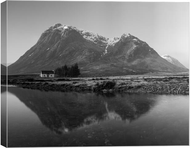 Lagangarbh Hut under a reflected Buachaille Etive  Canvas Print by Kevin Winter