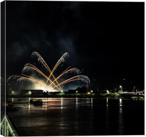 Fireworks over the river  Canvas Print by adam england