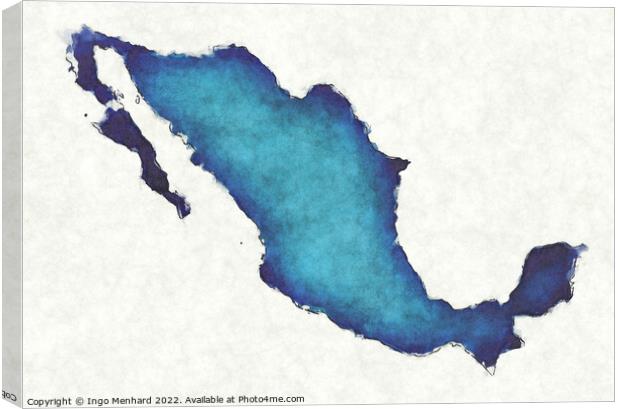 Mexico map with drawn lines and blue watercolor illustration Canvas Print by Ingo Menhard