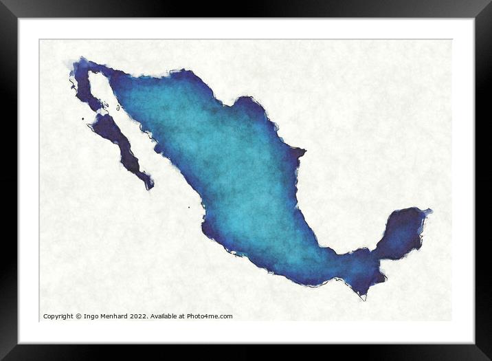 Mexico map with drawn lines and blue watercolor illustration Framed Mounted Print by Ingo Menhard
