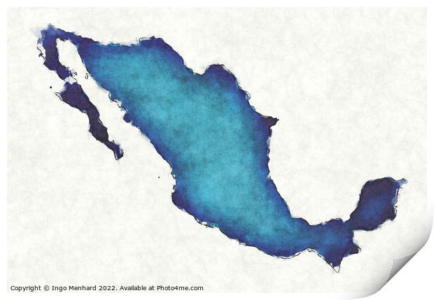 Mexico map with drawn lines and blue watercolor illustration Print by Ingo Menhard