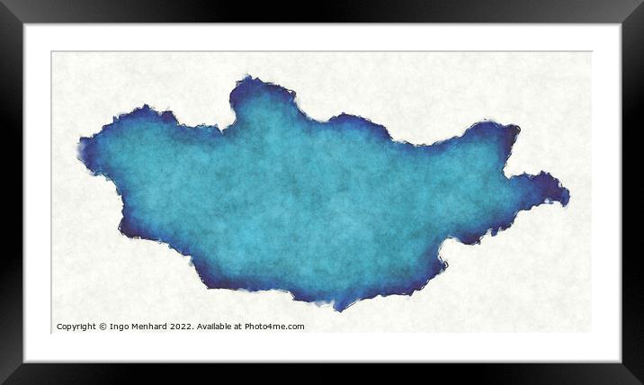 Mongolia map with drawn lines and blue watercolor illustration Framed Mounted Print by Ingo Menhard