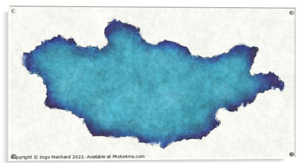 Mongolia map with drawn lines and blue watercolor illustration Acrylic by Ingo Menhard