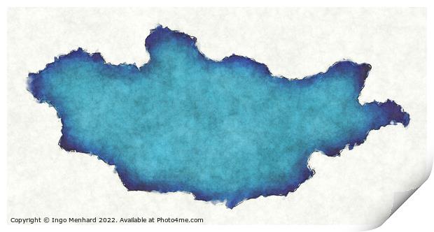 Mongolia map with drawn lines and blue watercolor illustration Print by Ingo Menhard