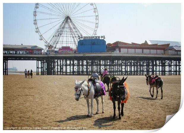 Donkeys on Blackpool beach Print by Victoria Copley