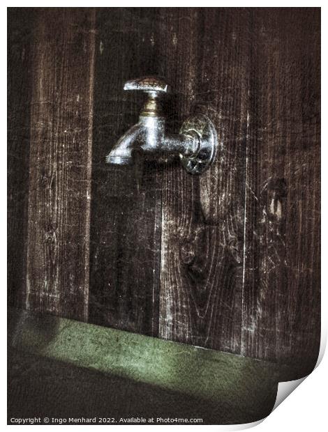 Old unused water faucet on a wooden wall Print by Ingo Menhard