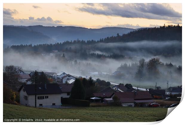 Misty Evening Bémont, Vosges, France Print by Imladris 
