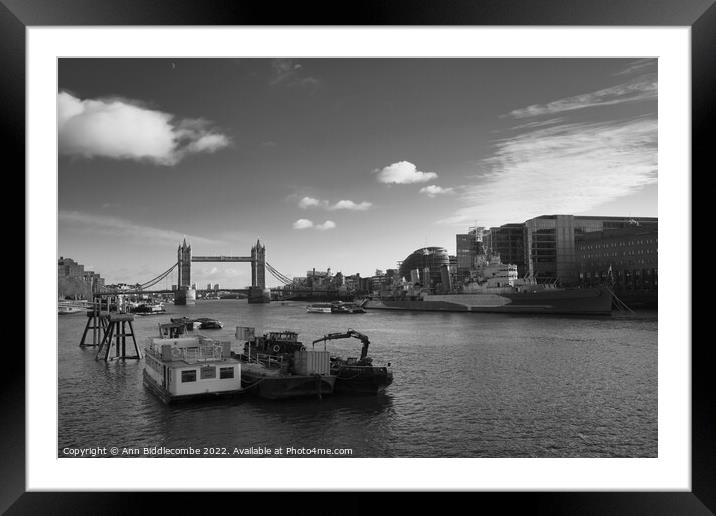 Up the thames towards tower bridge in black and white Framed Mounted Print by Ann Biddlecombe