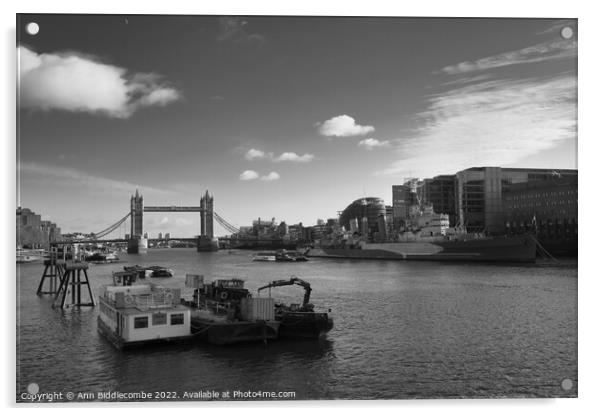 Up the thames towards tower bridge in black and white Acrylic by Ann Biddlecombe