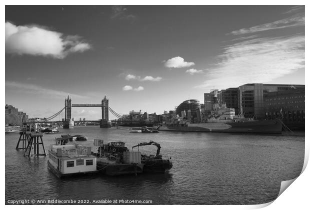 Up the thames towards tower bridge in black and white Print by Ann Biddlecombe