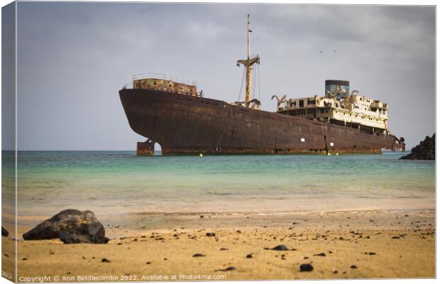 Shipwreck outside Arrecife Lanzarote Canvas Print by Ann Biddlecombe