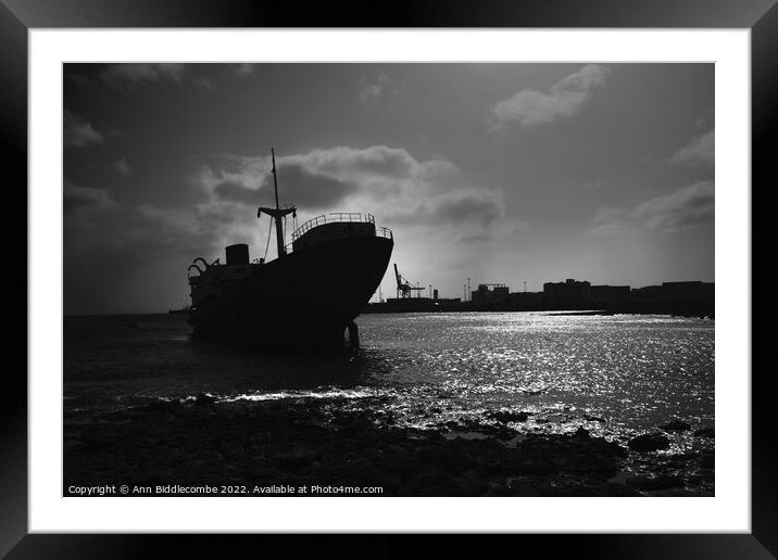 Shipwreck outside Arrecife Lanzarote in black and white Framed Mounted Print by Ann Biddlecombe