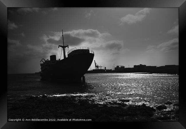 Shipwreck outside Arrecife Lanzarote in black and white Framed Print by Ann Biddlecombe