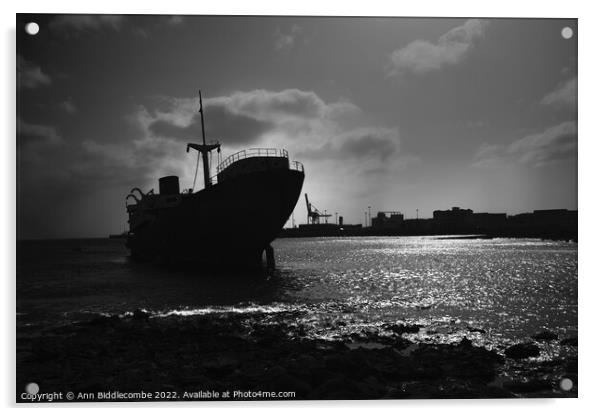 Shipwreck outside Arrecife Lanzarote in black and white Acrylic by Ann Biddlecombe