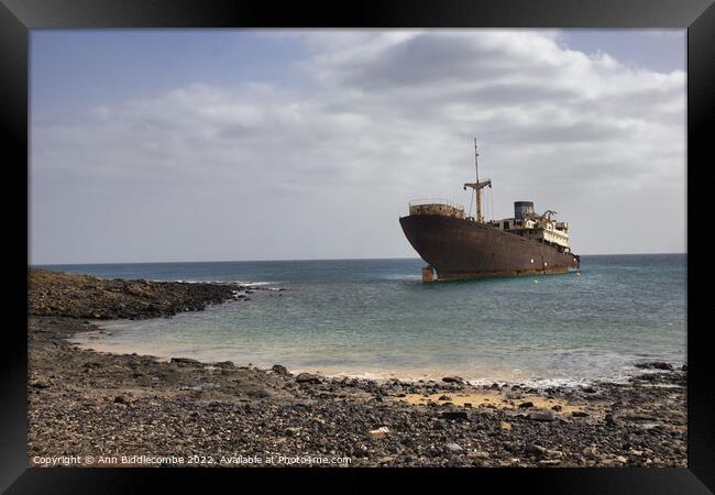 Shipwreck between Costa Teguise and Arrecife Framed Print by Ann Biddlecombe