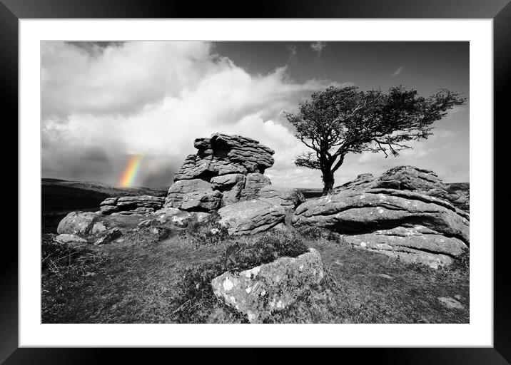 Tor, Tree and Rainbow Framed Mounted Print by David Neighbour