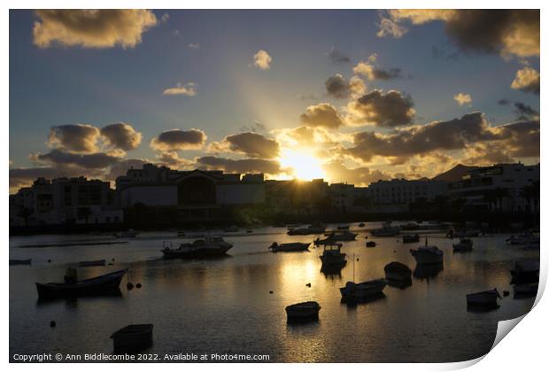Sunset over Arrecife inner harbour Print by Ann Biddlecombe