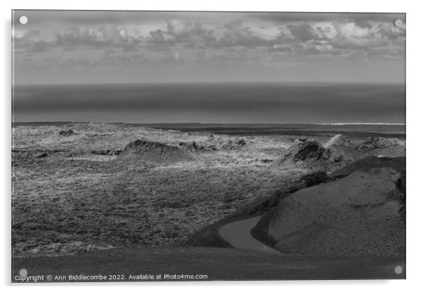View to the sea over the volcanos in black and white Acrylic by Ann Biddlecombe