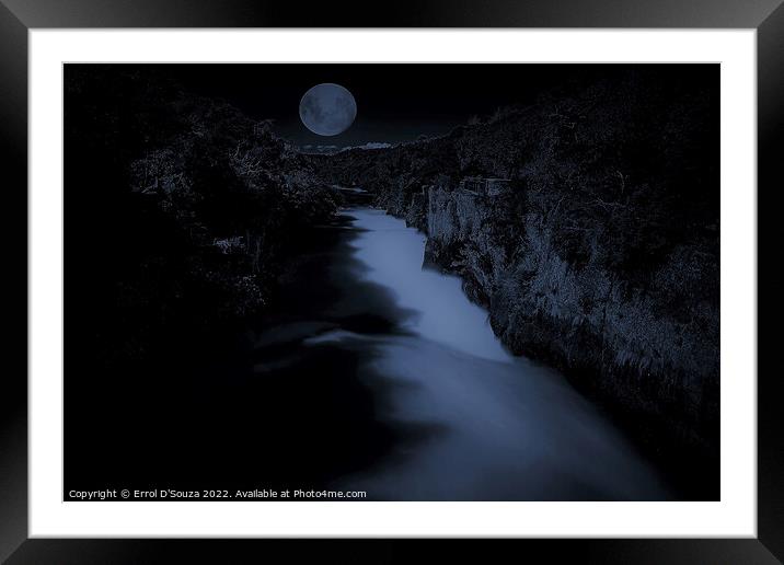 Full moon rising over Huka Falls in Taupo, New Zealand Framed Mounted Print by Errol D'Souza