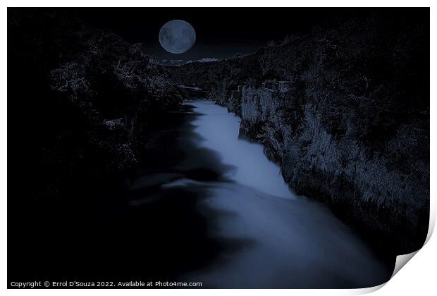 Full moon rising over Huka Falls in Taupo, New Zealand Print by Errol D'Souza