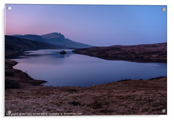 Loch Fada and the Storr after sunset in March. Acrylic by Richard Smith