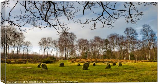 The Nine Ladies Stone Circle, in late afternoon su Canvas Print by Chris Drabble