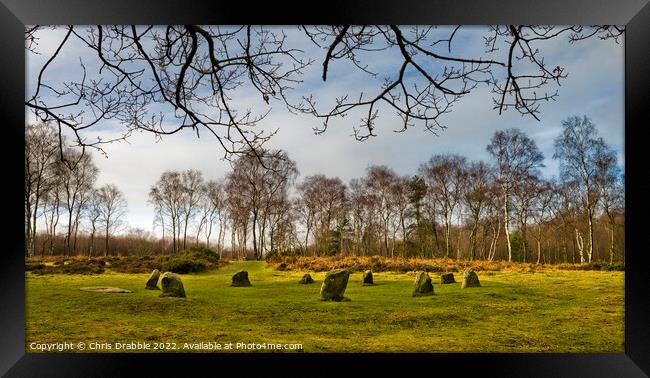 The Nine Ladies Stone Circle, in late afternoon su Framed Print by Chris Drabble