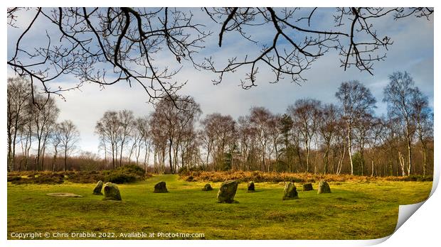 The Nine Ladies Stone Circle, in late afternoon su Print by Chris Drabble
