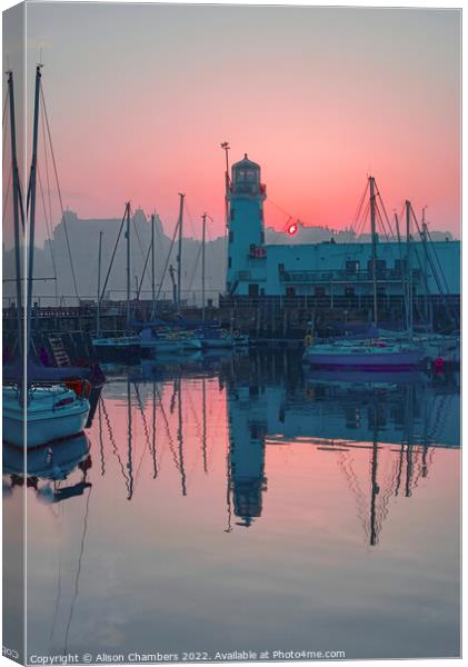Scarborough Lighthouse Sunset Portrait , North Yor Canvas Print by Alison Chambers