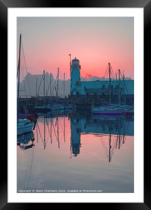 Scarborough Lighthouse Sunset Portrait , North Yor Framed Mounted Print by Alison Chambers